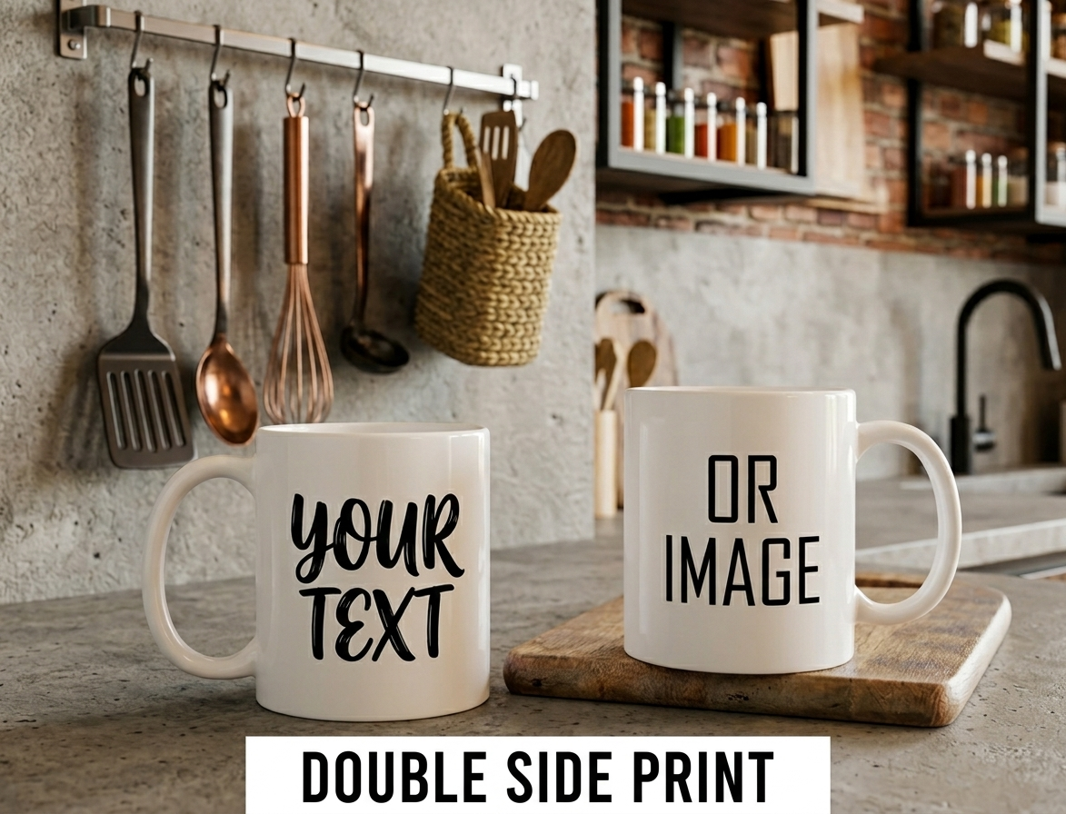 Two white mugs with text on a kitchen counter, surrounded by cooking utensils and ingredients.